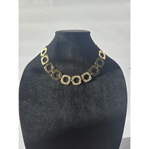 Adia Kibur Necklace Gold Tone Squares with Rhinestones Lobster Claw Clasp Adjust - Picture 1 of 7